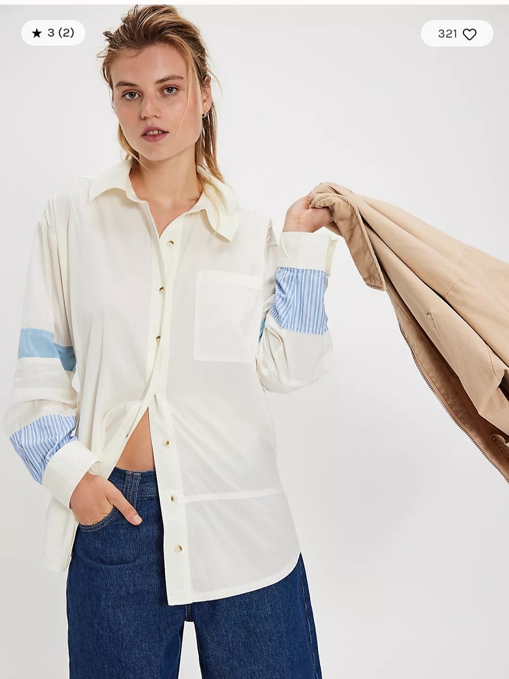 We The Free Cream Button-Down Shirt with Light Blue Stripe Panels
